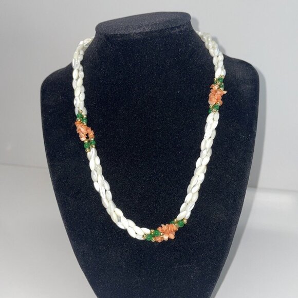 VTG Muli-Strand Rice Twisted Mother of Pearl Jade Coral Necklace & Bracelet N6 - Picture 2 of 11